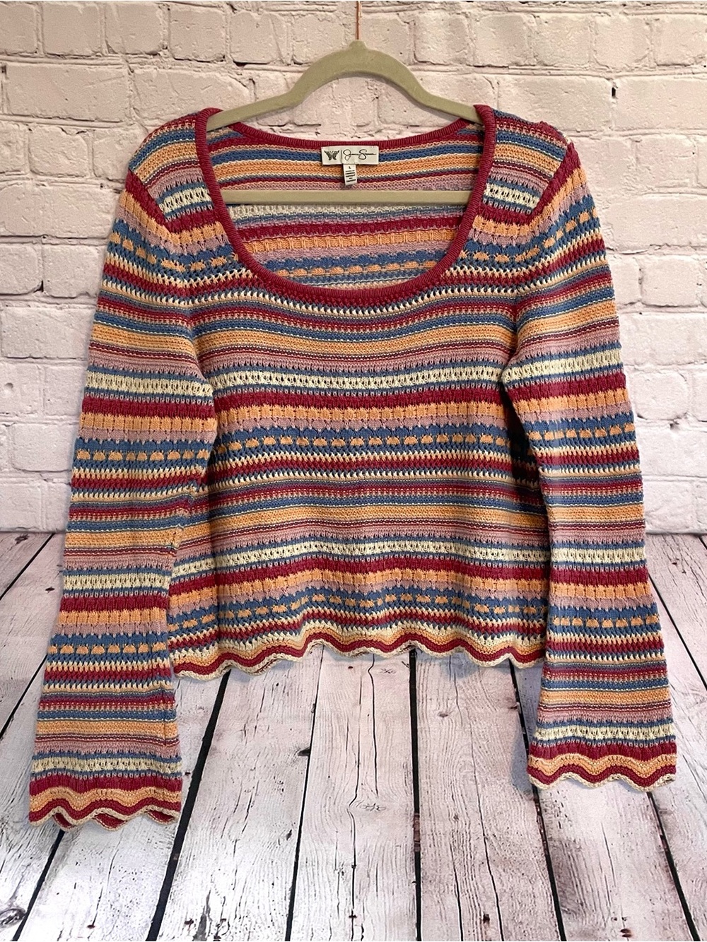 Crochet Knit Crop Bell Sleeve Sweater Festival Retro Boho 60’s 70’s Size Large